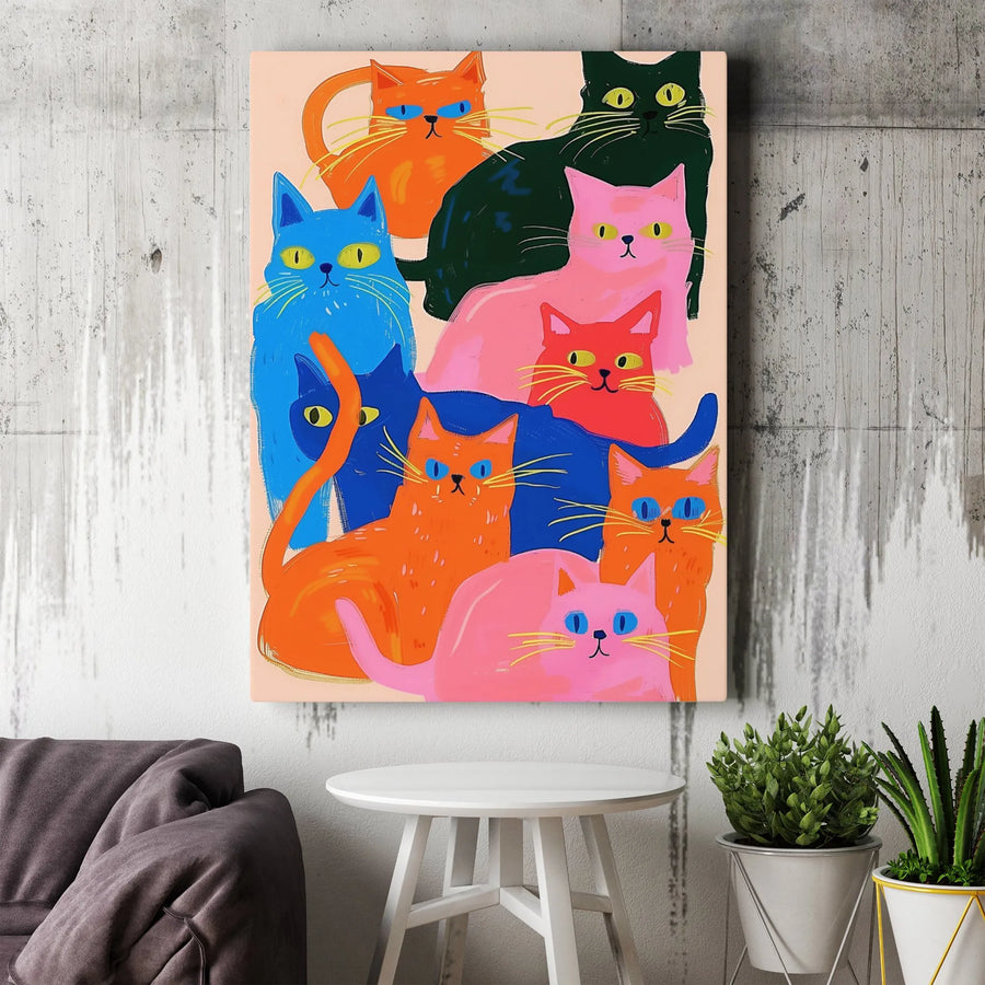Colorful Cat Wall Art Canvas | Abstract Whimsical Cats Painting | Premium 1.25 Inch Gallery Wrap | Unique Cat Lover Gift Home Decor