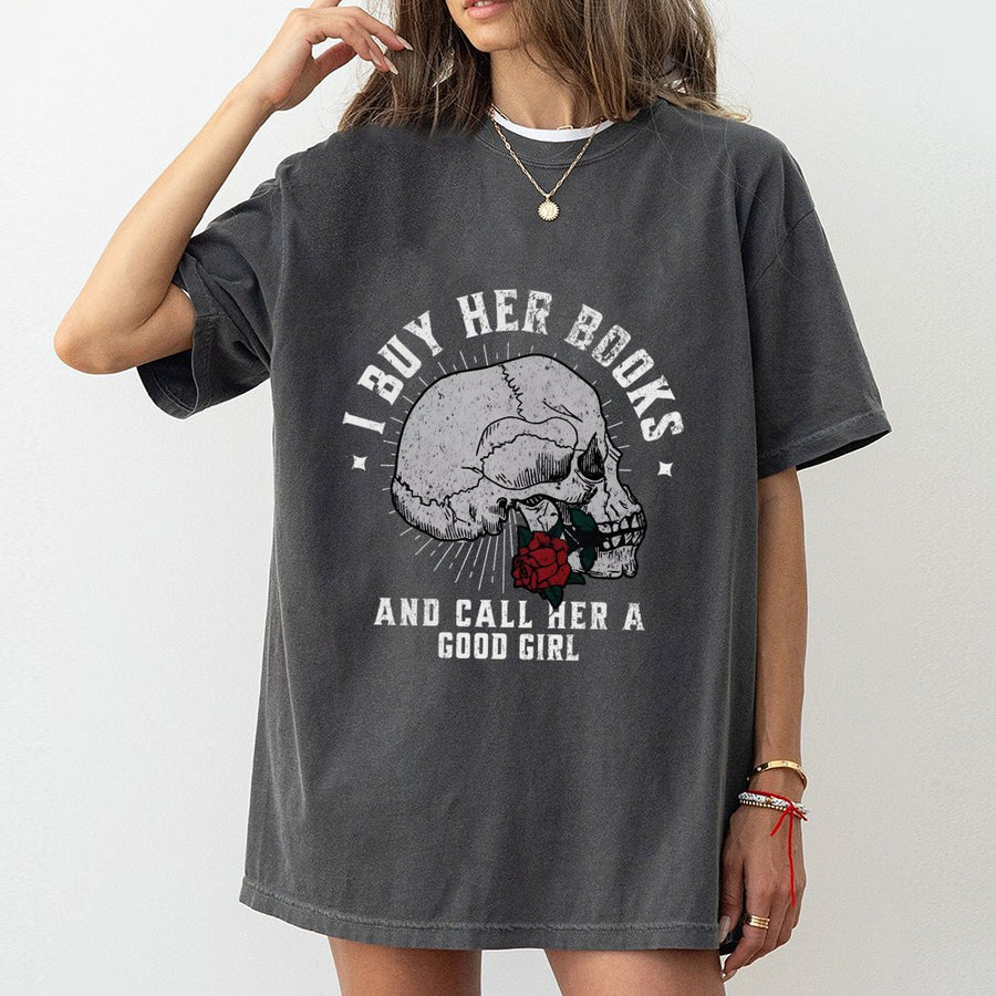 I Buy Her Books T-Shirt | Dark Romance Skull & Rose Graphic | 100% Cotton Premium Tee | Book Lover Gift for Reader