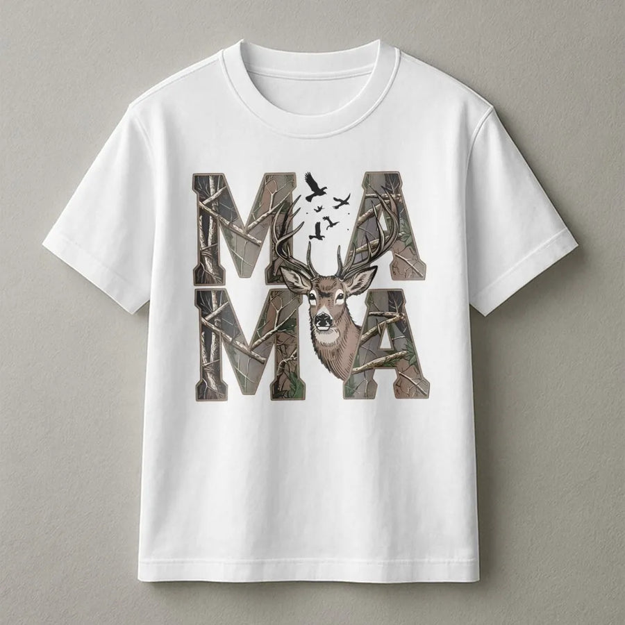 Mama Deer T-Shirt | Camo Print Lettering Hunting Design | Premium Soft Cotton Tee | Outdoorsy Mom Gift Country Western Style