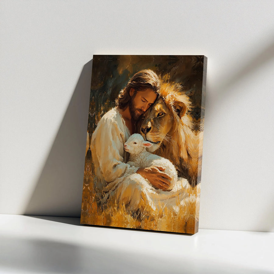 Lion and Lamb Canvas Print | Jesus with Lion of Judah Painting | Premium Gallery Wrapped Canvas | Christian Home Decor Gift