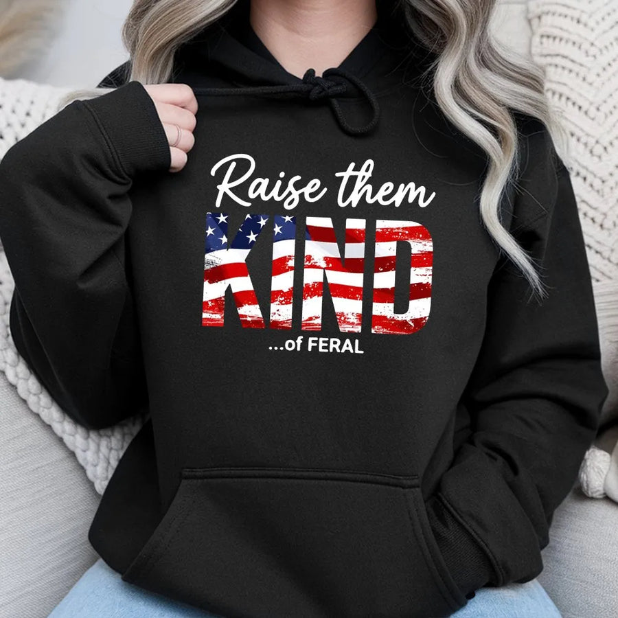 Patriotic Mom Shirt | Raise Them Kind Of Feral USA Flag Graphic | Premium Cotton Tee | Funny 4th of July Gift for Moms