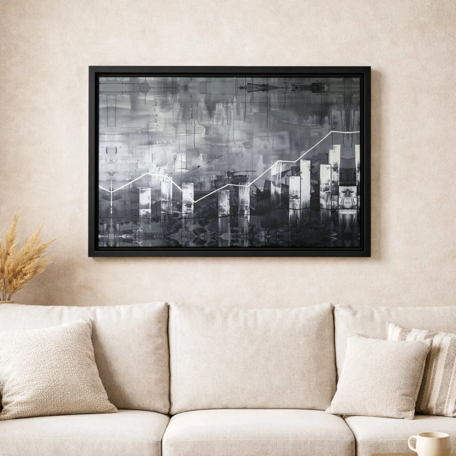 Stock Market Canvas Print | Abstract Black and White Bull Run Chart | Premium Gallery-Wrapped Wall Art | Modern Finance Office Decor