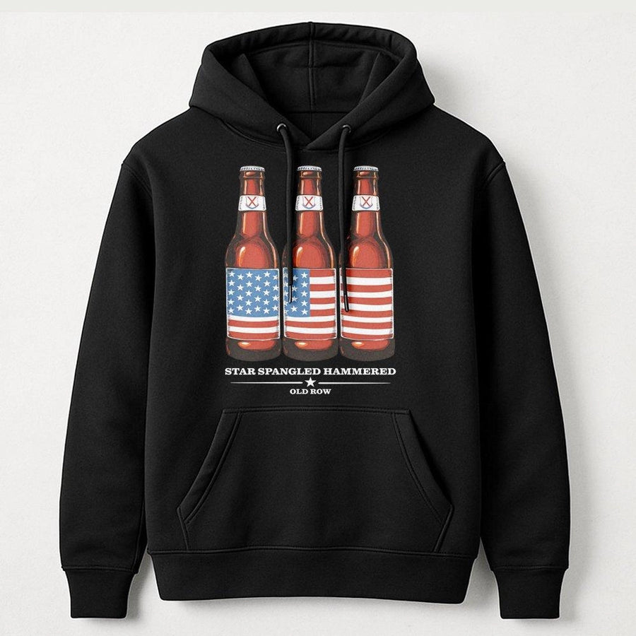 Star Spangled Hammered Hoodie | Beer Bottle American Flag Graphic | Premium Cotton Blend | Funny 4th of July Drinking Gift for Men and Women