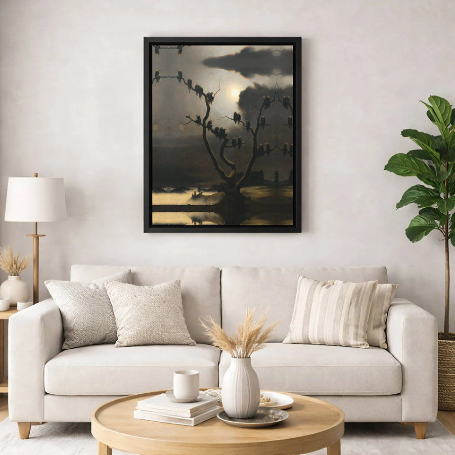 Gothic Surrealist Tree Wall Art | Eerie Moonlit Raven Landscape | Premium Gallery-Wrapped Canvas | Dark Academia Home Decor Gift