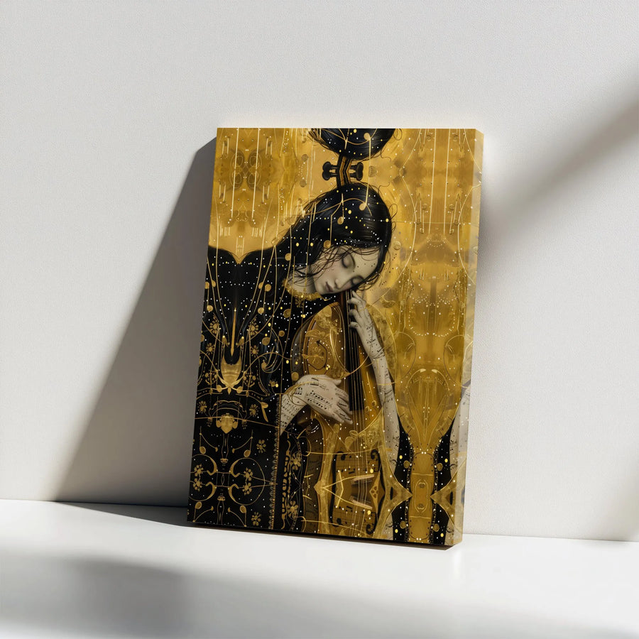 Abstract Cellist Canvas Print | Gold and Black Art Nouveau Inspired Painting | Thick Gallery Wrap Wall Art | Gift for Musician & Music Lover Home Decor