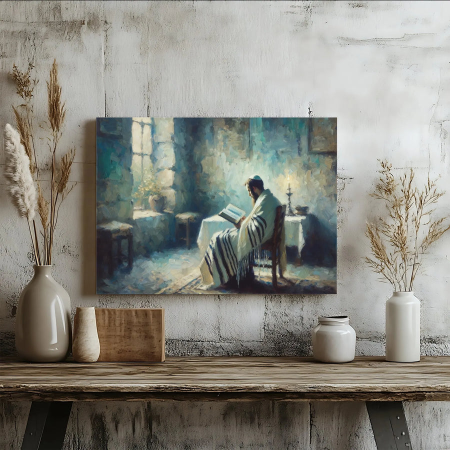 Jewish Prayer Wall Art | Man Reading Torah in Tallit Impressionist Print | Gallery Quality 1.25" Canvas | Judaica Home Decor Religious Gift