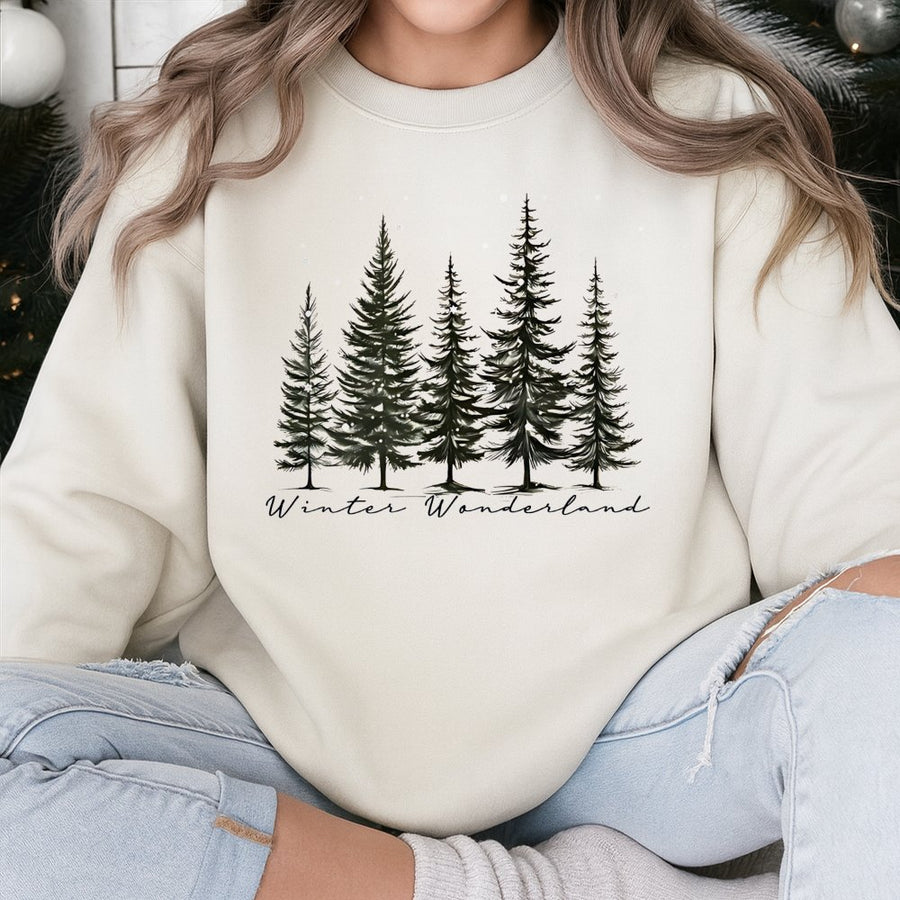 Winter Wonderland Sweatshirt | Pine Tree Forest Graphic Print | Soft Cotton-Poly Blend | Cozy Christmas Holiday Gift For Women And Men
