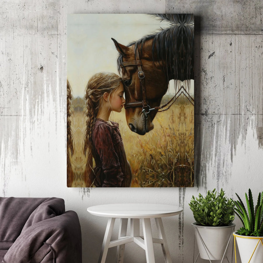 Girl And Horse Canvas Print | Touching Foreheads Western Wall Art | 1.25 Inch Premium Gallery Wrap | Equestrian Decor Gift For Horse Lovers