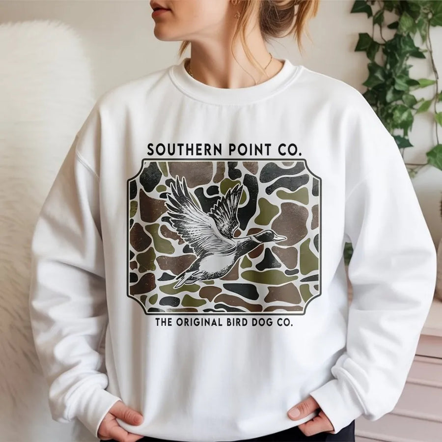 Duck Hunting Sweatshirt | Camo Flying Mallard Graphic Print | Premium Cotton Blend | Gift for Outdoorsmen and Wildlife Enthusiasts