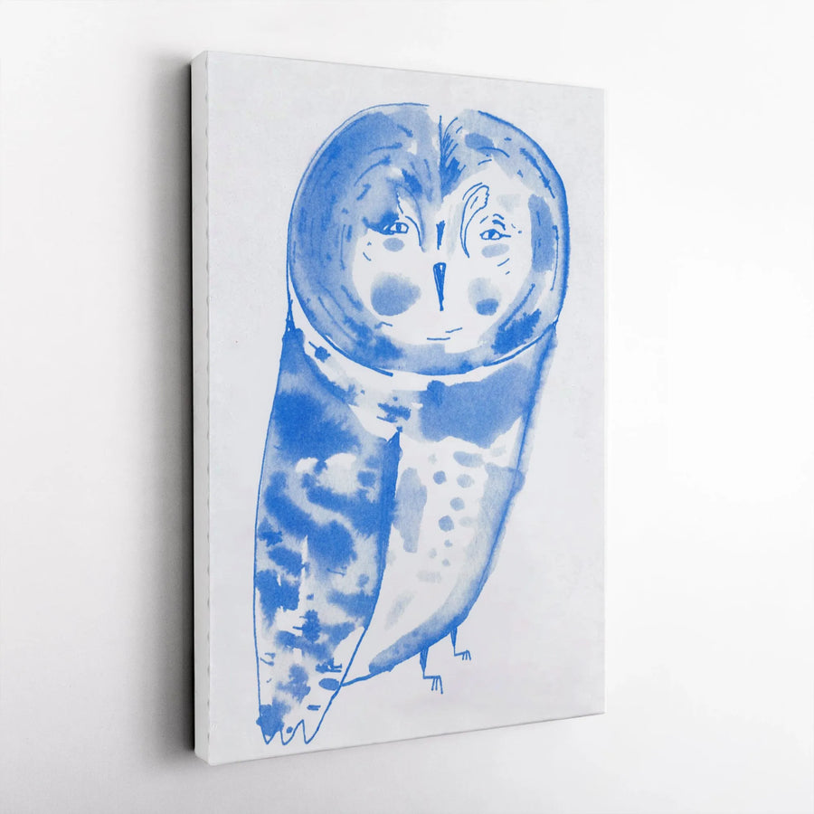 Blue Owl Canvas Wall Art | Minimalist Watercolor Bird Illustration | Premium 1.25" Thick Canvas | Modern Nursery & Home Decor Gift