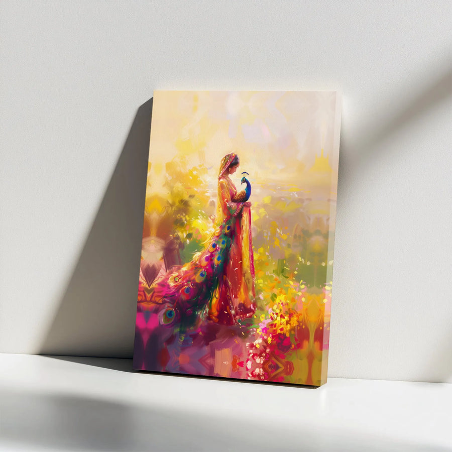 Indian Woman With Peacock Canvas Art | Vibrant Sari Ethnic Wall Decor | Premium 1.25-Inch Gallery Wrap | Cultural Home Gift For Her