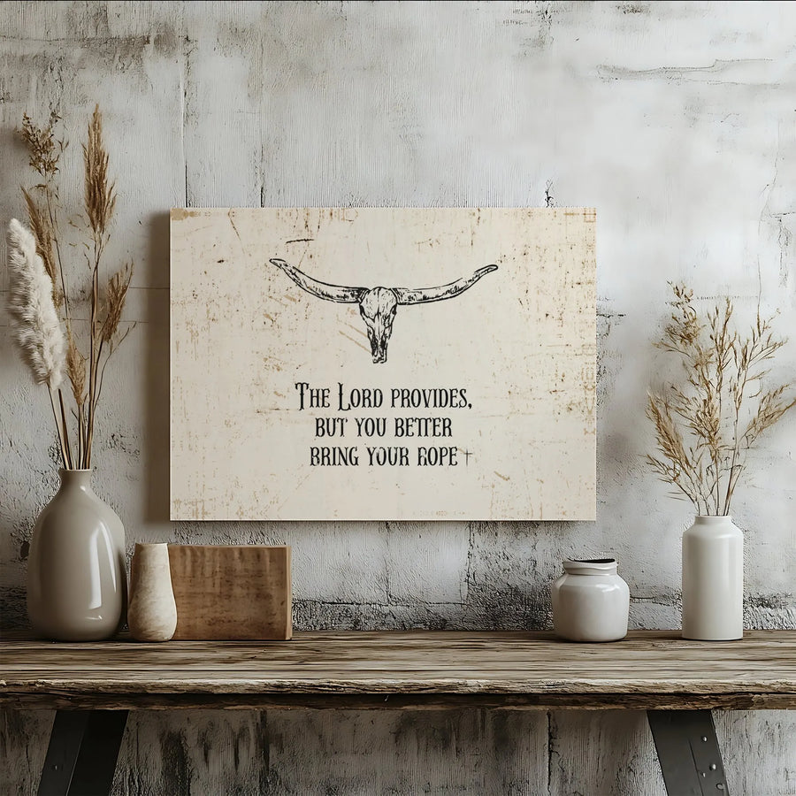 Western Christian Canvas Wall Art | Longhorn Skull with Faith Quote | Premium Gallery Canvas | Rustic Cowboy Home Decor Gift