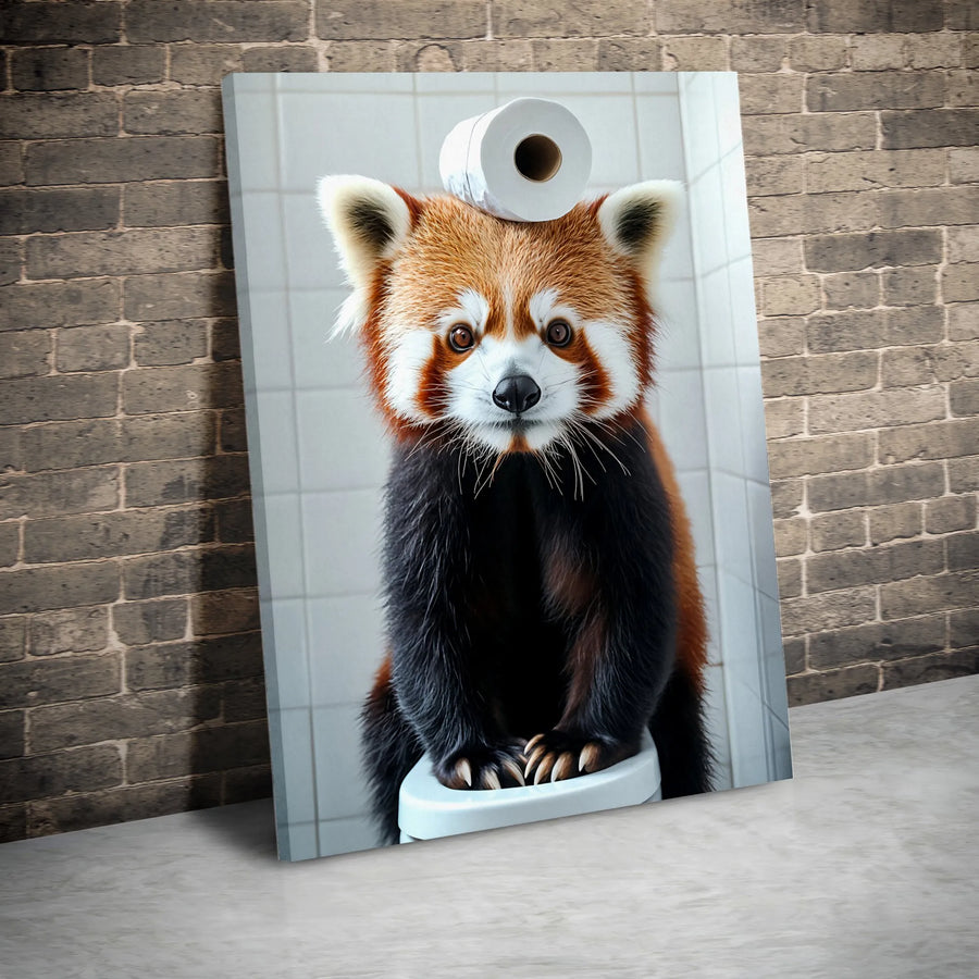 Funny Red Panda Vertical Canvas | Cute Animal on Toilet with Toilet Paper | Premium Gallery Print | Quirky Bathroom Decor Wall Art Gift