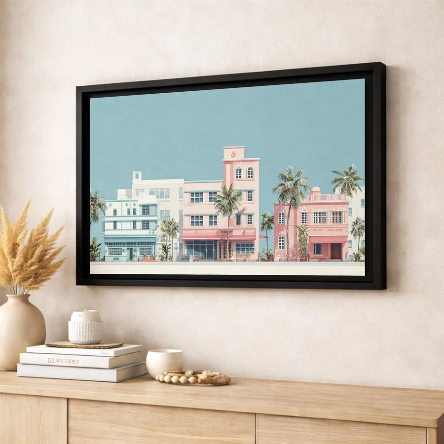 Miami Beach Art Deco Canvas Wall Art | Pastel Palm Tree Architecture Print | Premium Gallery Wrapped Decor | Modern Coastal Home Gift