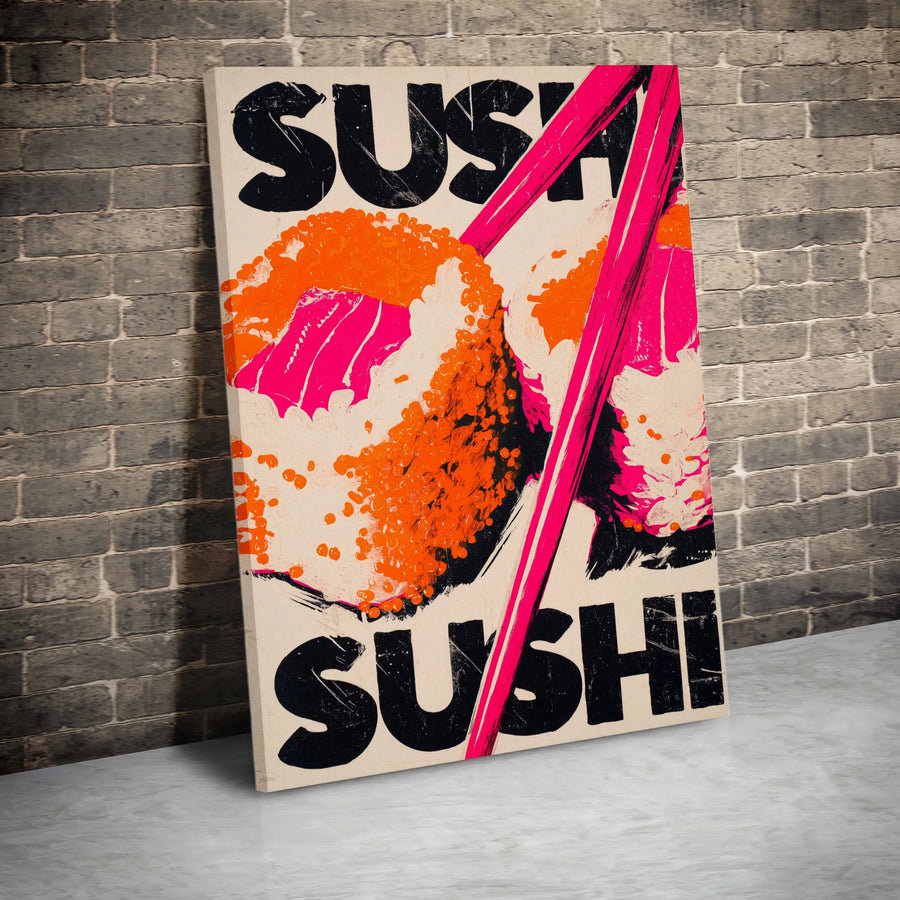 Sushi Wall Art Canvas | Pop Art Food Print with Pink Chopsticks | 1.25-Inch Gallery Wrap | Modern Kitchen & Dining Decor