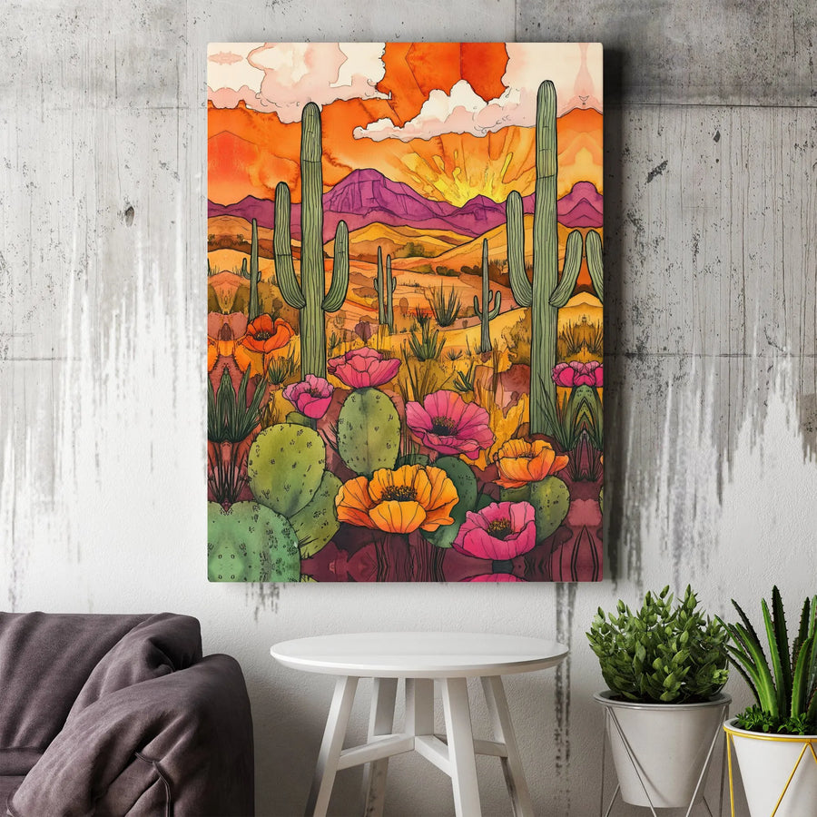 Desert Cactus Canvas Wall Art | Boho Watercolor Desert Scene | Premium 1.25" Thick Gallery Wrap | Southwestern Home Decor Gift