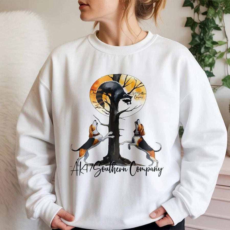 Treeing Coonhound Sweatshirt | Raccoon Hunting Graphic Design | Premium Cotton Blend Crewneck | Outdoor Hunter Gift for Men and Women