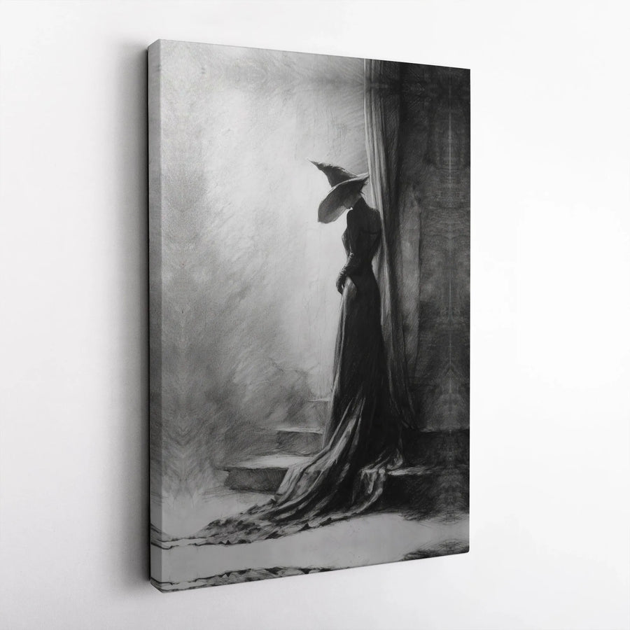Gothic Witch Canvas Wall Art | Charcoal Sketch Portrait | Premium Gallery Wrap Print | Dark Academia Home Decor Gift