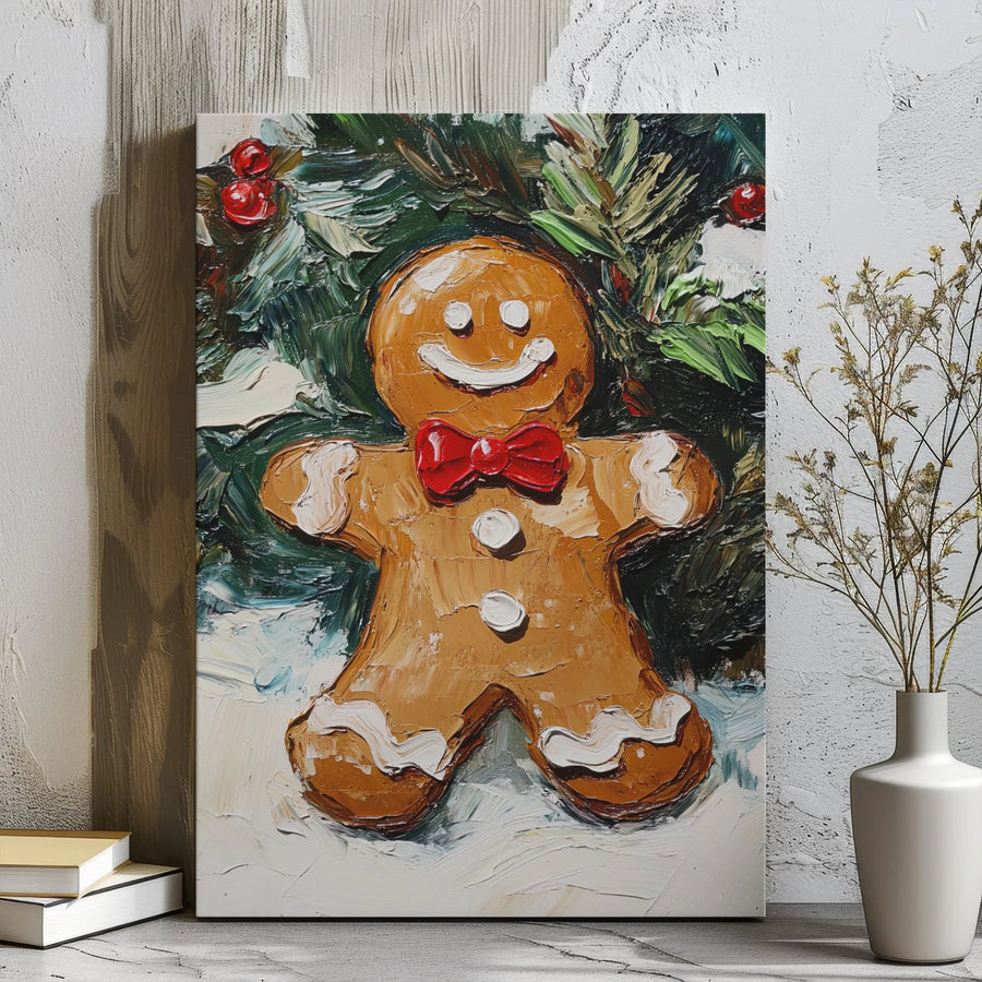 Gingerbread Man Christmas Canvas Art | Textured Impasto Oil Painting Style | Premium Gallery Wrap Wall Decor | Festive Holiday Gift for Home