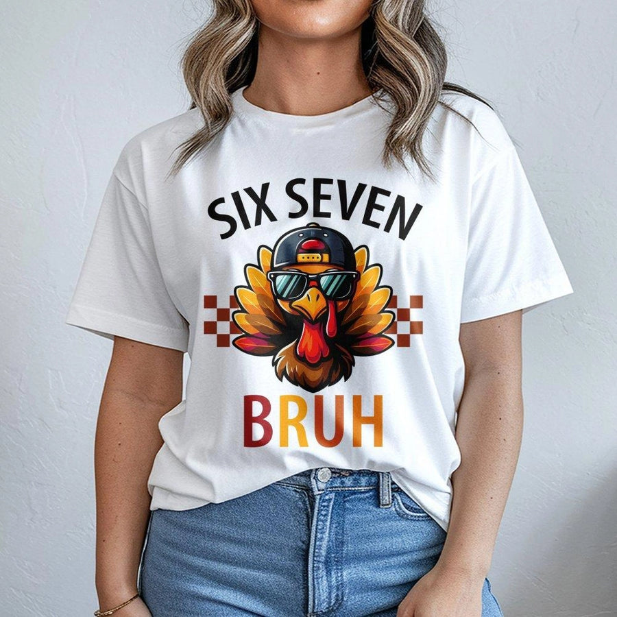 Six Seven Bruh Turkey T-Shirt | Funny Thanksgiving Meme Graphic | Premium Soft Cotton | Gift For Kids And Teens