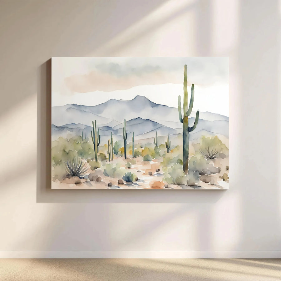 Watercolor Desert Landscape Canvas | Saguaro Cactus Mountains Print | Premium Gallery Wrap Wall Art | Southwestern Home Decor Gift