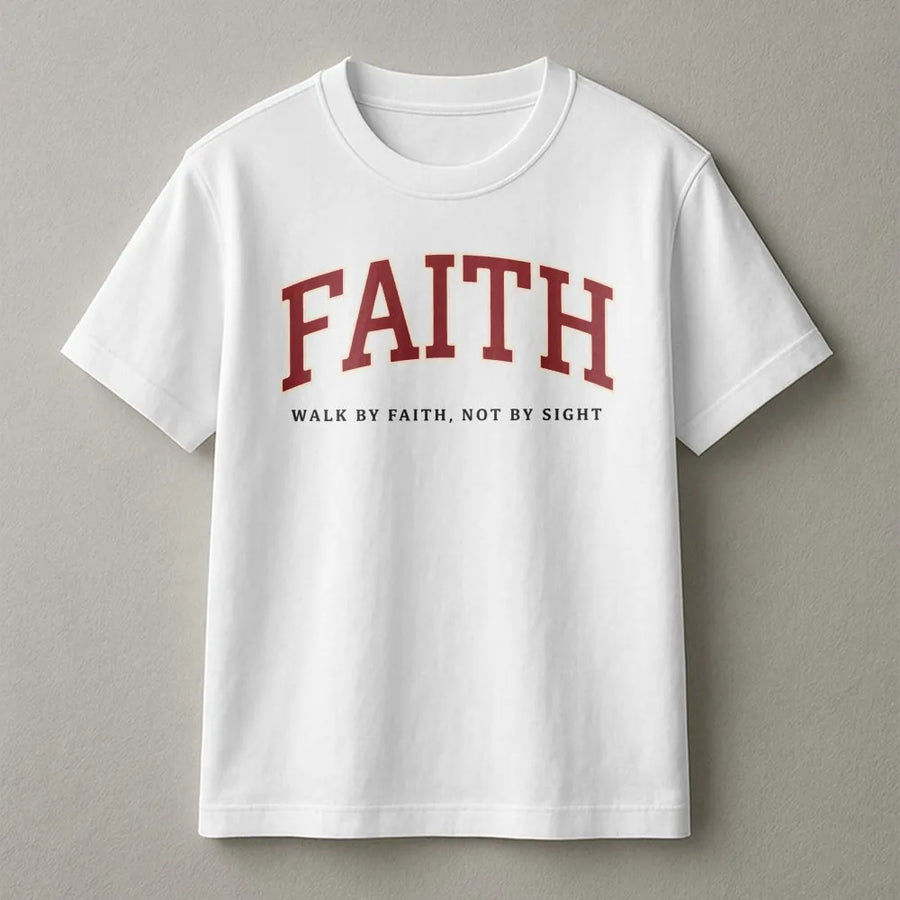 Faith T-Shirt | Walk By Faith Not By Sight Varsity Letter Design | Premium Cotton Religious Apparel | Christian Gift for Men and Women