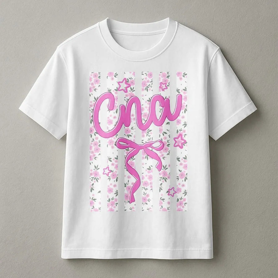 CNA T-Shirt for Nurses | Preppy Coquette Floral Stripe Design | Soft Comfort Colors Cotton | Nursing Student & RN Appreciation Gift