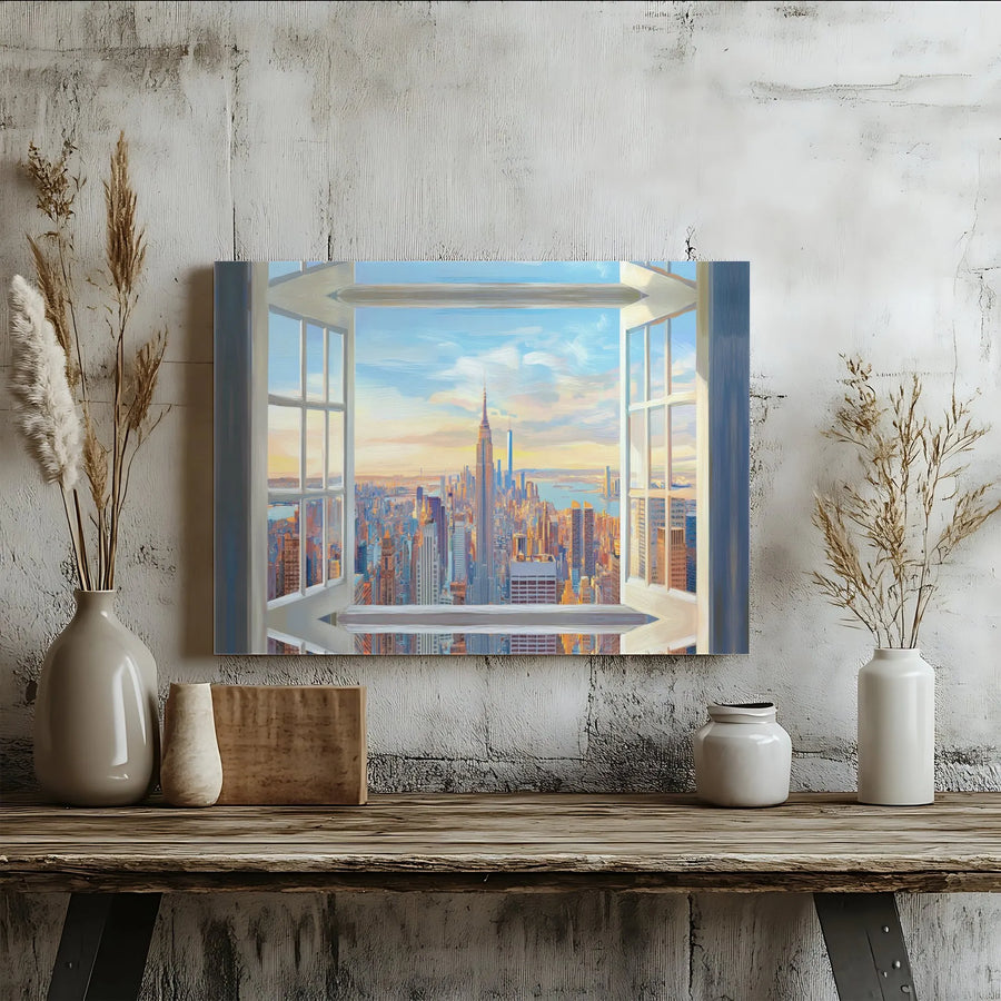 New York City Skyline Canvas Print | Faux Window View Painting | Premium Gallery Wrap | Living Room & Office Wall Decor Gift