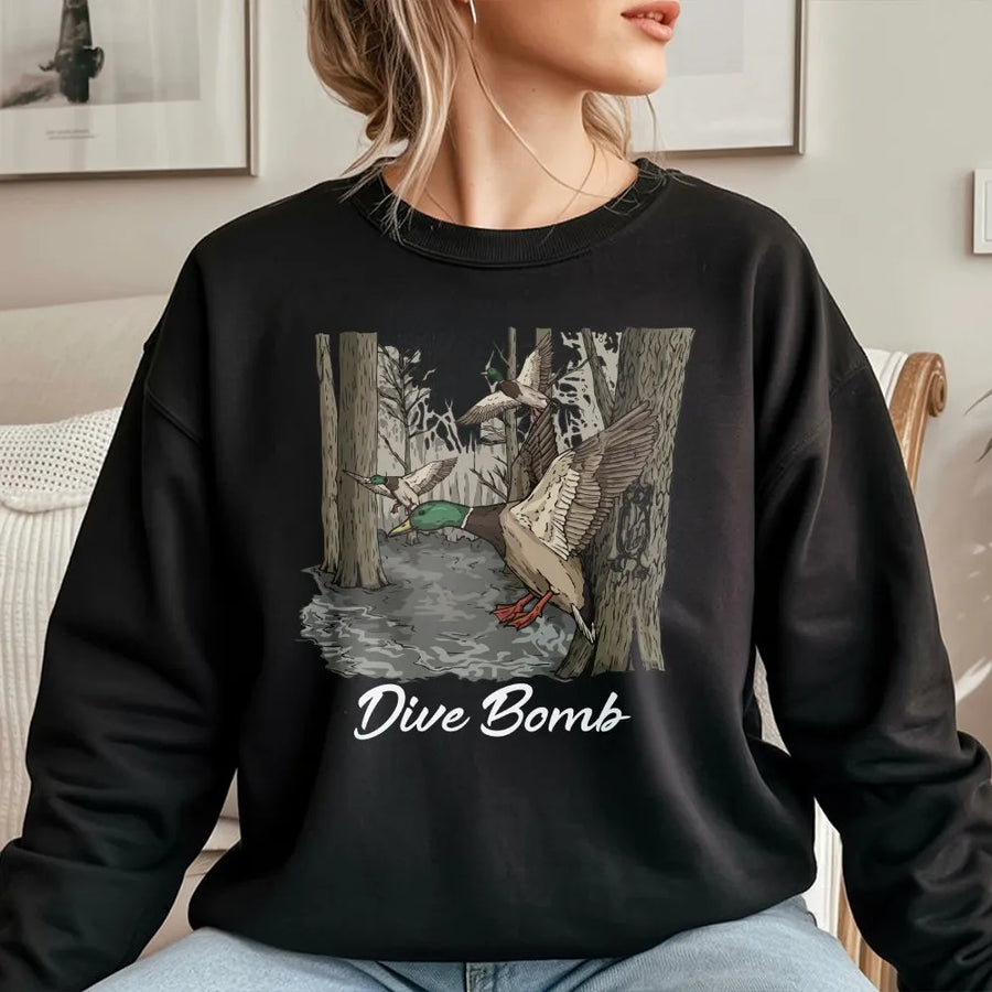 Duck Hunting Sweatshirt | Dive Bomb Mallard Graphic Tee | Soft Cotton Unisex Shirt | Gift for Hunter & Outdoorsman
