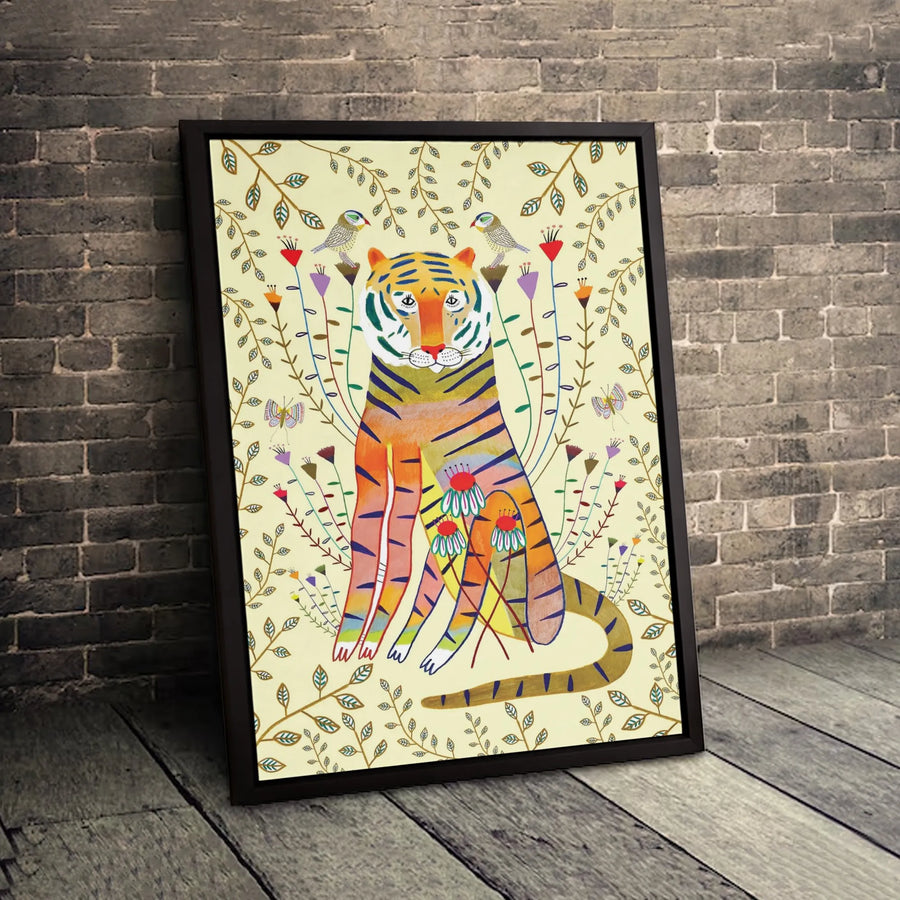 Folk Art Tiger Wall Art | Colorful Botanical Floral Canvas Print | Premium Gallery-Wrapped 1.25" Profile | Whimsical Animal Decor for Home Office