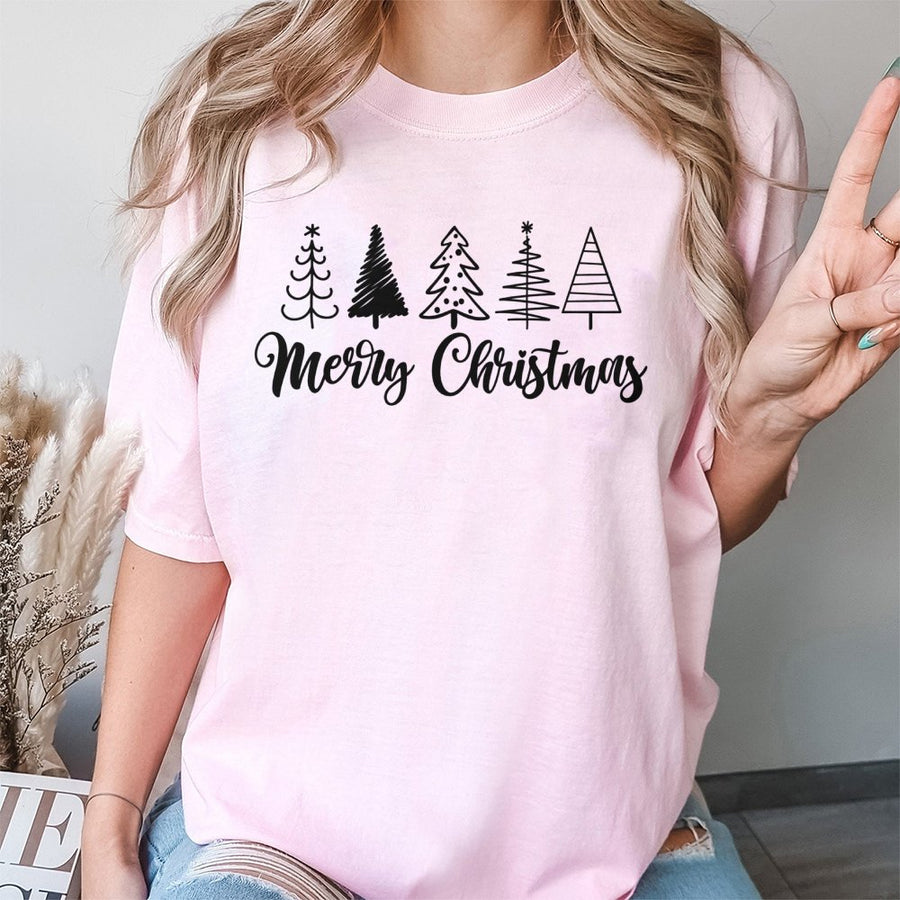 Merry Christmas Tree T-Shirt | Hand-Drawn Holiday Forest Graphic | 100% Premium Cotton | Unisex Festive Gift for Family and Friends