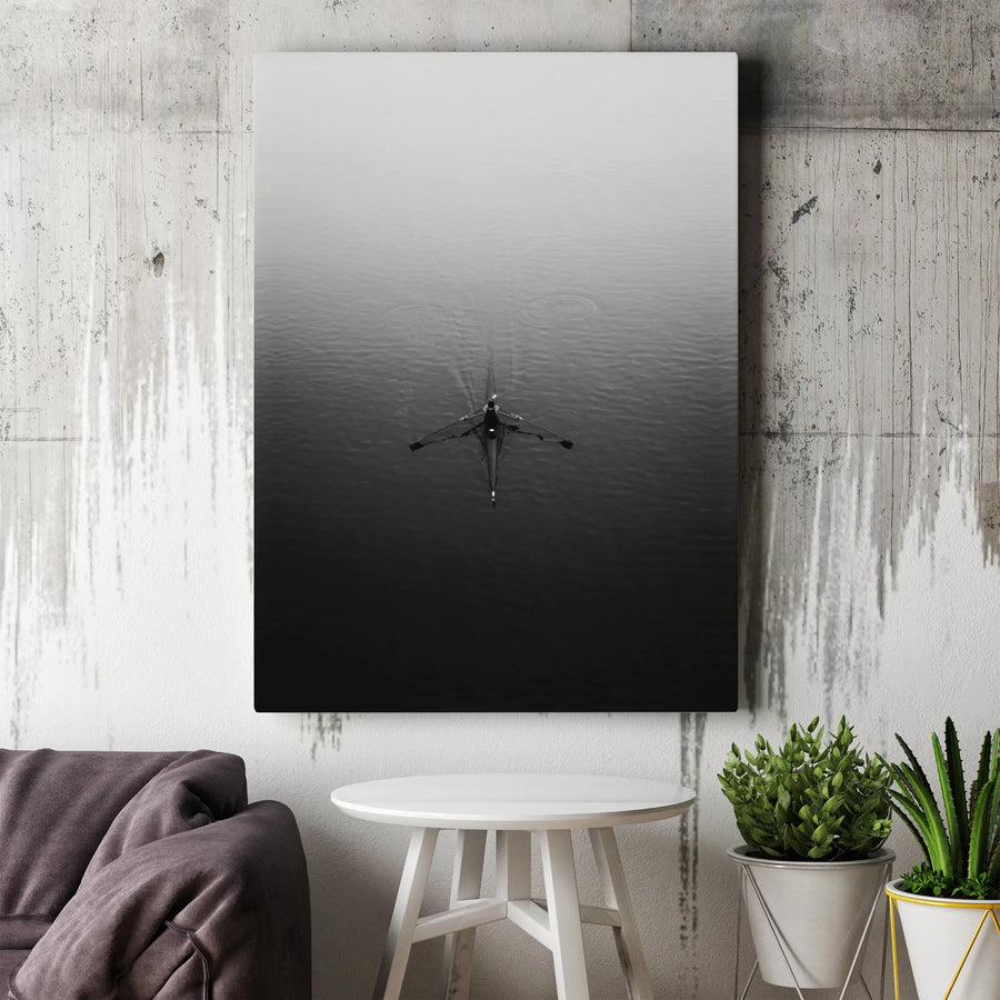 Rowing Canvas Wall Art | Black and White Aerial Photography | Premium Gallery Wrap | Modern Home & Gym Decor Gift for Athlete