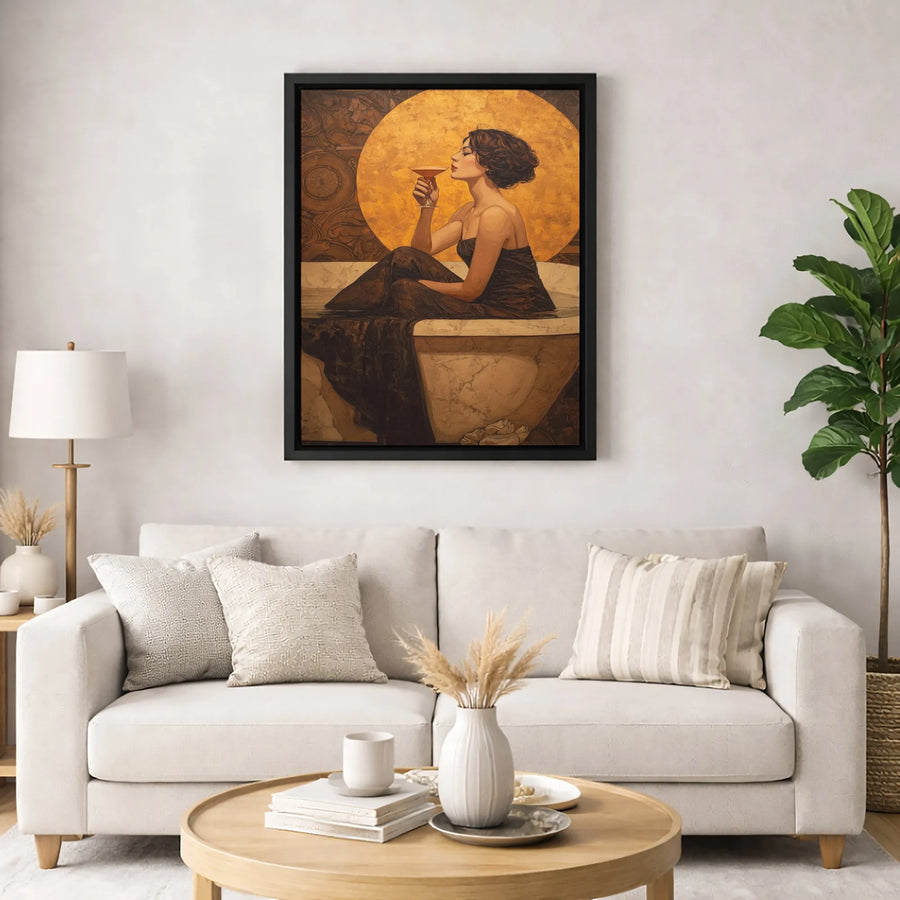 Art Deco Woman Bathing Canvas | Vintage Gold Cocktail Wall Art | Premium Gallery Wrapped Print | Elegant Bedroom Bathroom Decor