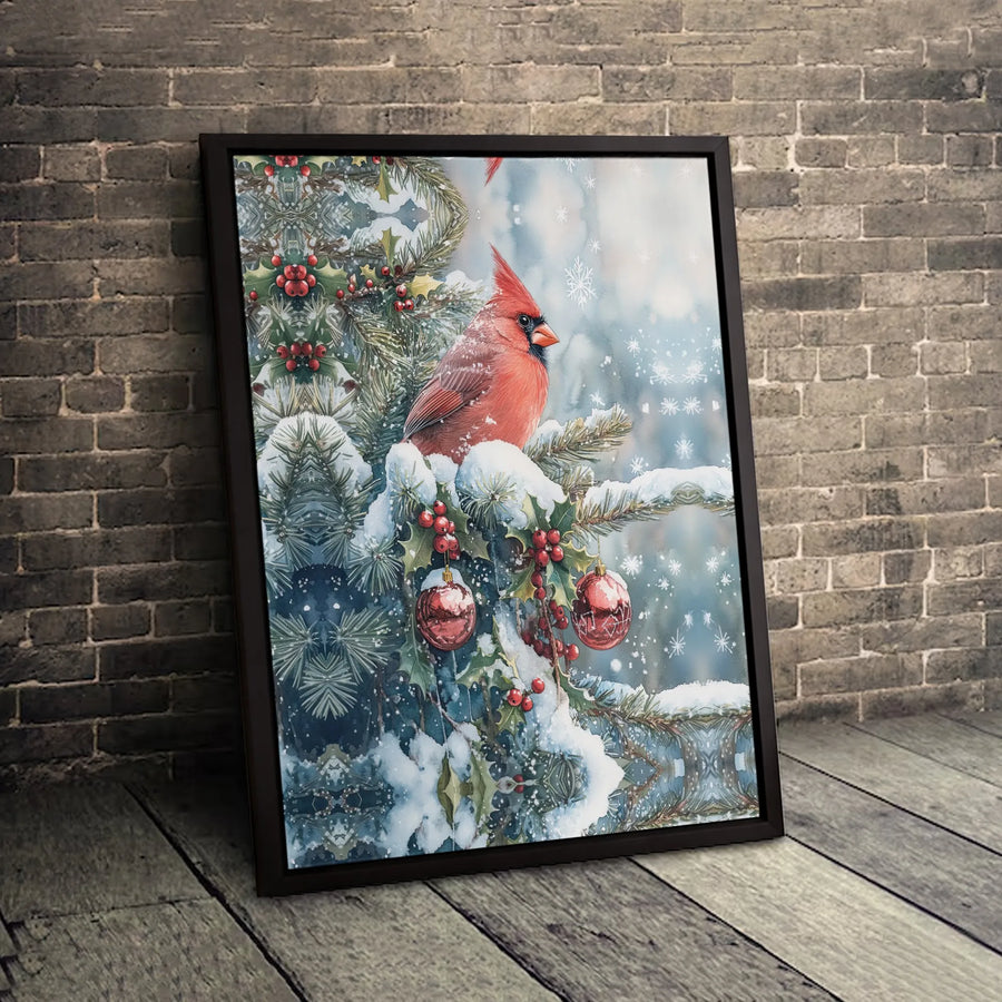 Red Cardinal Canvas Print | Snowy Christmas Branch Wall Art | 1.25-Inch Premium Gallery Profile | Festive Winter Holiday Home Decor Gift