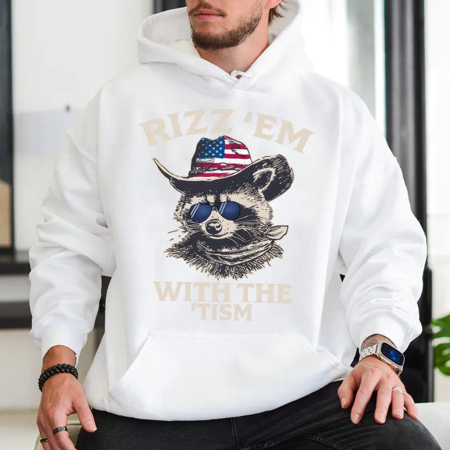 Rizz Em With The Tism Hoodie | Funny Raccoon Cowboy Graphic | Premium Soft Cotton Blend | Gift For Neurodivergent Friends Adults