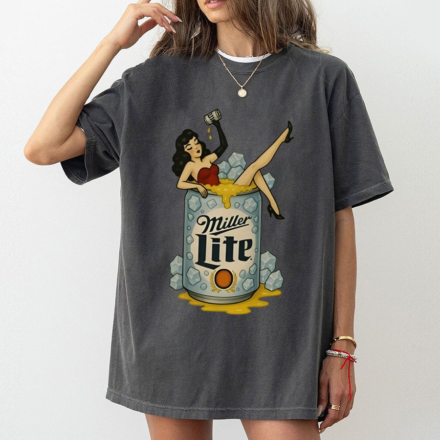 Miller Pin-Up Graphic T-Shirt, Unisex Retro Beer Logo T-Shirt, Vintage Style Artwork, Fun Beer Lover T-Shirt