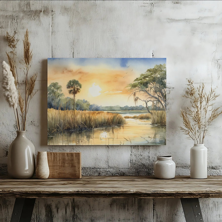 Lowcountry Marsh Sunset Canvas Art | Watercolor Coastal Landscape Print | Premium 1.25-Inch Gallery Wrap | Coastal Home Decor Gift