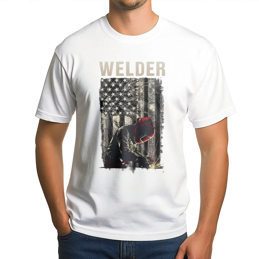 Welder T-Shirt | Patriotic USA Flag Graphic Design | Premium Cotton Apparel | Gift for Welder, Metalworker, Welding Professional