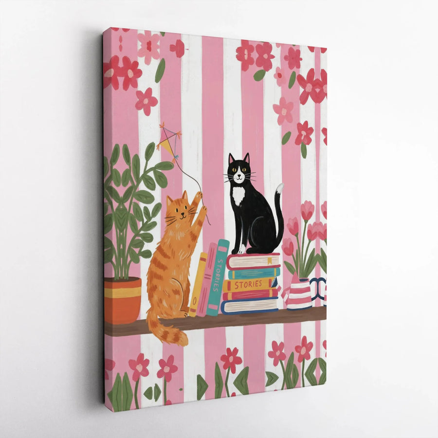 Whimsical Cat Canvas Wall Art | Playful Cats on Bookshelf Illustration | Premium Canvas Print | Nursery Wall Decor Gift for Cat Lover