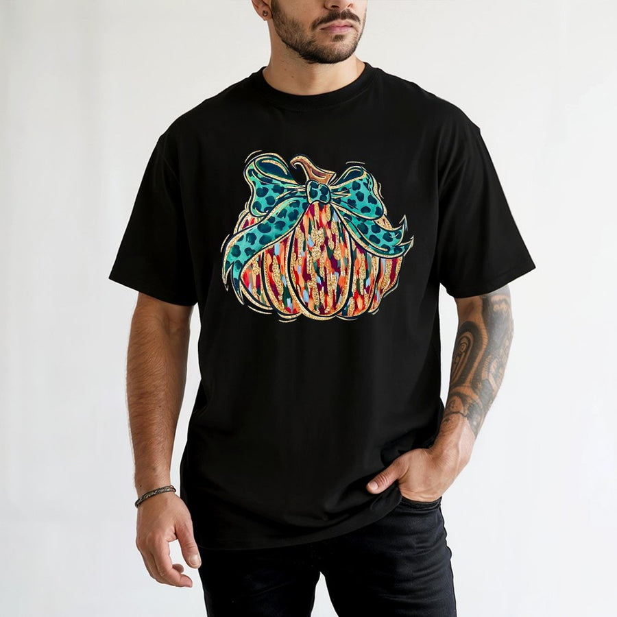 Preppy Pumpkin T-Shirt | Leopard Print Bow Fall Graphic | 100% Cotton Premium Tee | Cute Halloween Aesthetic Gift for Her