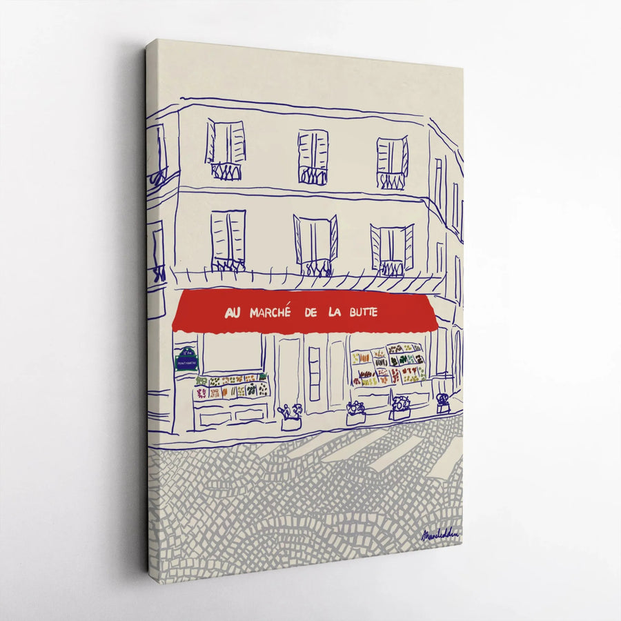 Paris Street Art Canvas Print | Au Marché De La Butte Sketch | Premium Gallery-Wrapped Decor | Travel-Inspired French Market Wall Art