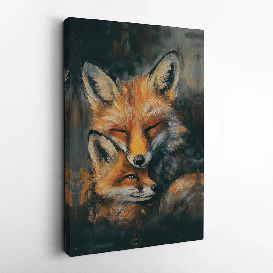 Fox Canvas Wall Art | Expressive Mother and Cub Painting | Premium Gallery Wrap Print | Woodland Nursery Decor Gift for Animal Lovers