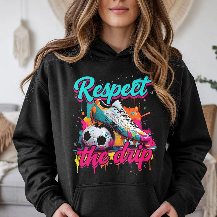 Soccer Player Hoodie | Respect The Drip Graffiti Soccer Ball Graphic | Premium Cotton Blend | Gift For Soccer Fans And Ballers