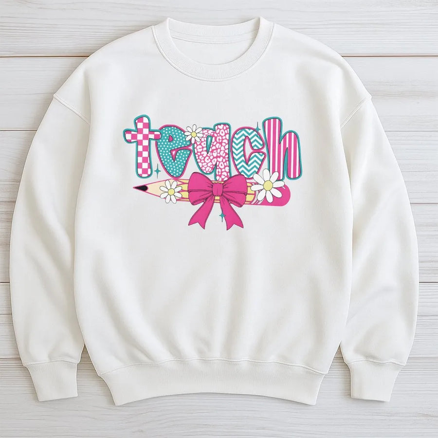 Coquette Teacher Sweatshirt | Retro Floral Pencil & Teach Graphic | Soft Cotton Tee | Teacher Appreciation Gift for Her
