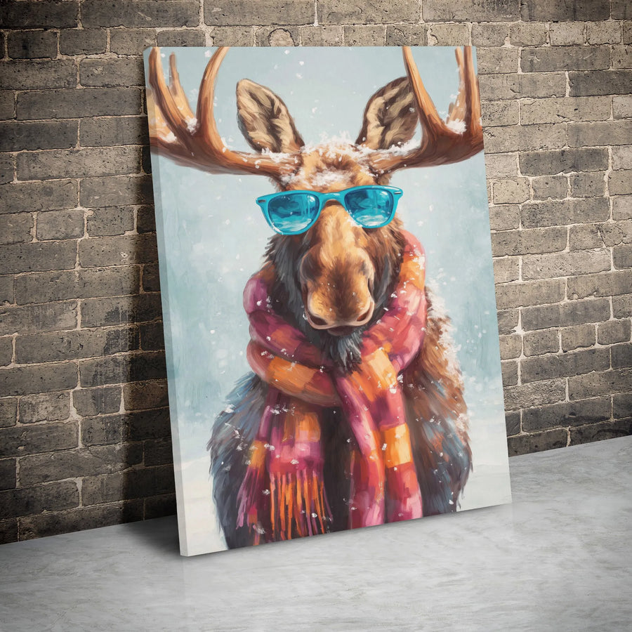 Cool Moose Wall Art | Funny Winter Animal Painting | Premium Gallery Wrapped Canvas | Whimsical Cabin Decor Gift
