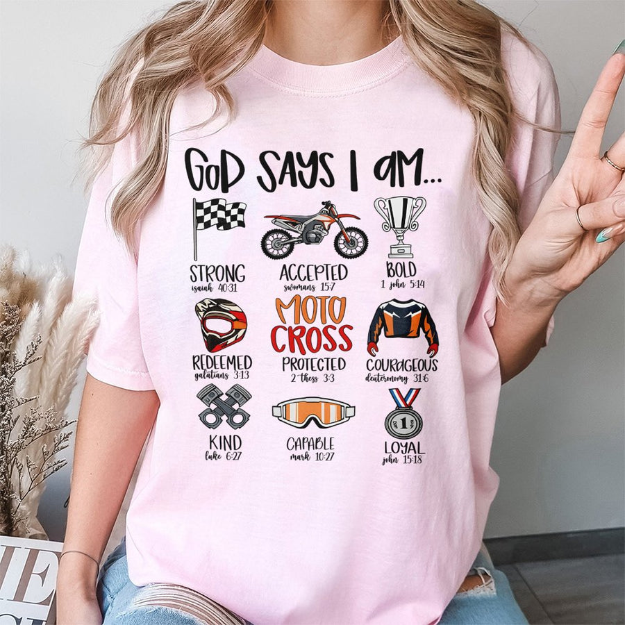 God Says I Am Motocross T-Shirt | Christian Dirt Bike Graphic | 100% Cotton Premium Apparel | Faith-Based Gift for Dirt Biker Kids and Adults