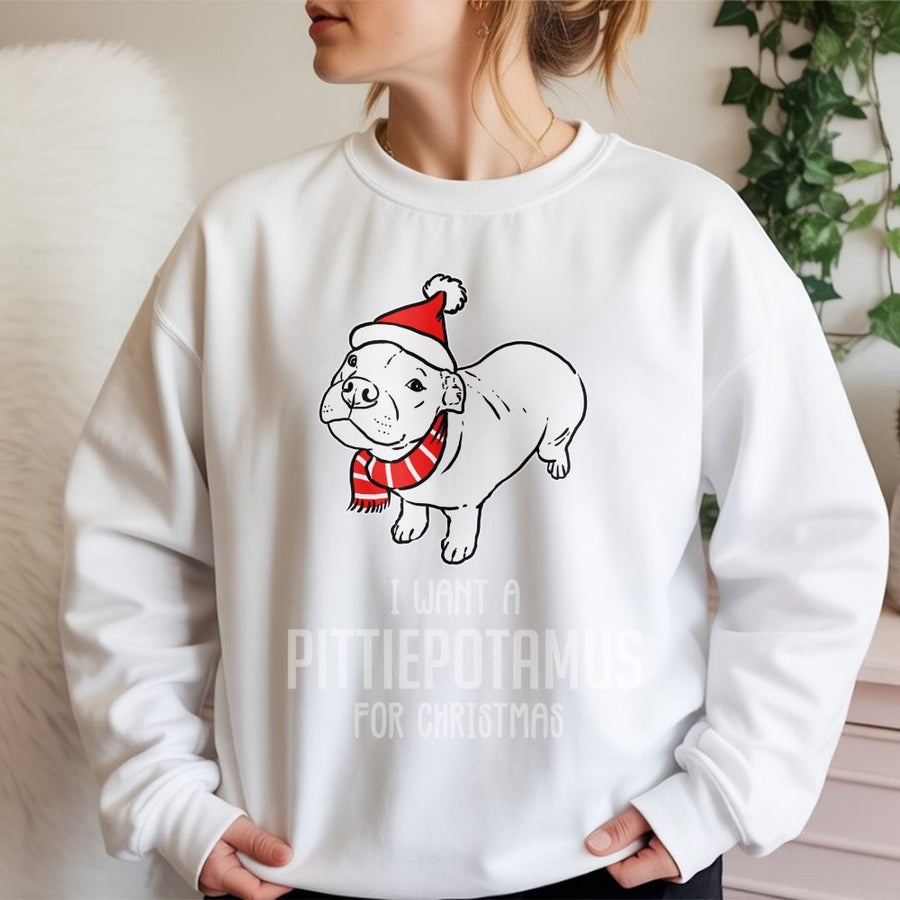 Pitbull Christmas Sweatshirt | Santa Hat Scarf Graphic Print | Premium Cotton Blend | Funny Holiday Gift for Pittie Mom and Dog Lovers