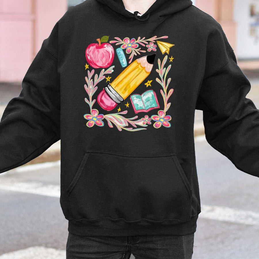 Floral Teacher Pencil Hoodie | Aesthetic School Supplies Print | Soft Cotton-Poly Blend | Back To School Gift For Educators