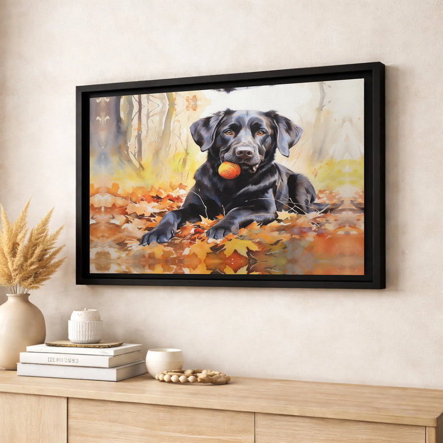 Black Labrador Canvas Art | Autumn Dog Portrait with Ball | Premium Gallery Wrap Wall Decor | Gift for Dog Lovers