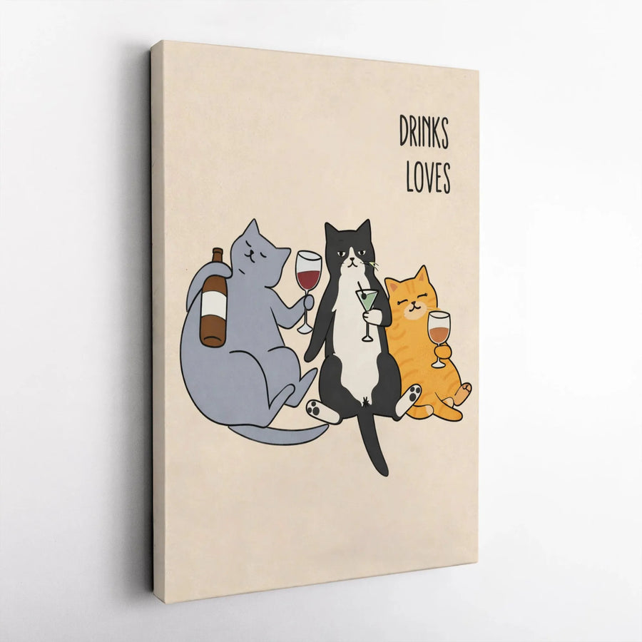 Funny Cat Canvas Wall Art | Cartoon Cats Drinking Wine & Martinis | Premium Canvas Print | Humorous Home Bar Decor Gift for Cat Lover